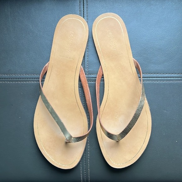 J. Crew | Rio Gold Metallic Italian Leather Summer Thong Flat Sandals Size 10 - Picture 3 of 5